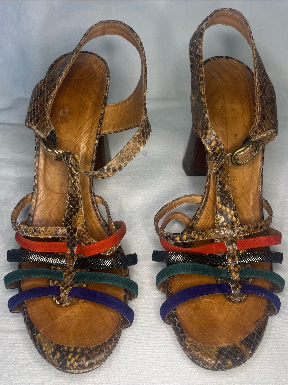 Chie Mihara Multicolor Kandi Snakeskin T-Strap Block Heel Sandal Spain Size 40